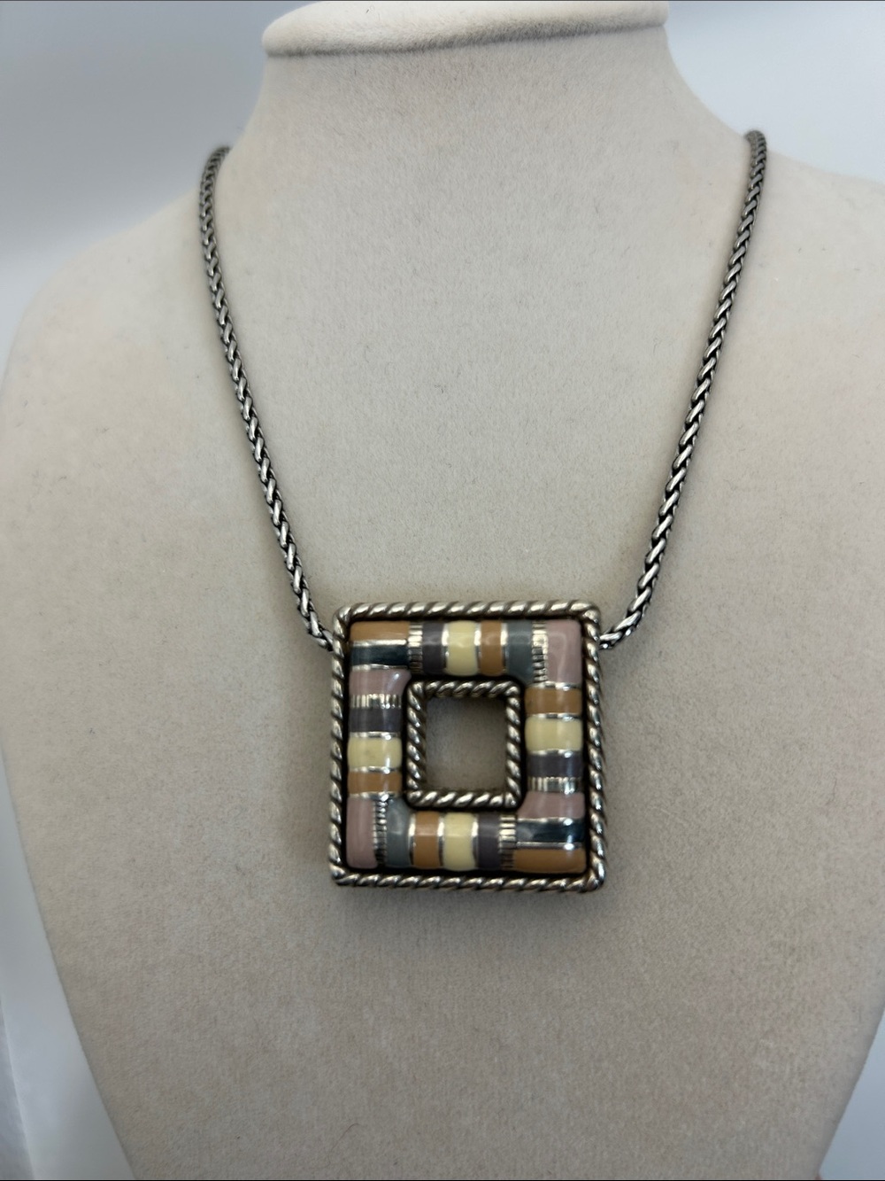 Brighton Cabana Necklace Neutral Tones Square Pendant Silver Plated 18"L - Picture 2 of 15